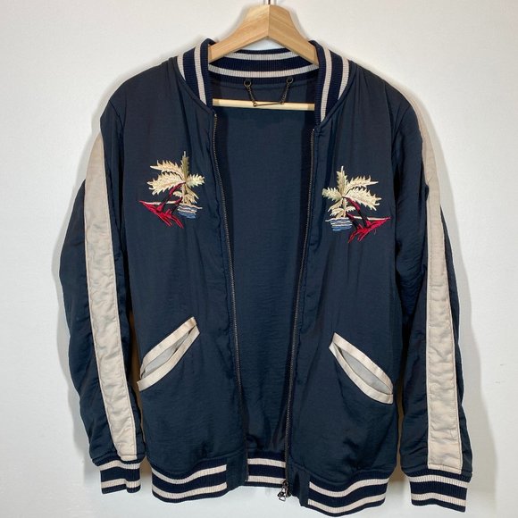 Satin Mai Tai Bomber Jacket by Capulet Hawaii Embroidered Navy & Oyster sz S - Picture 4 of 13